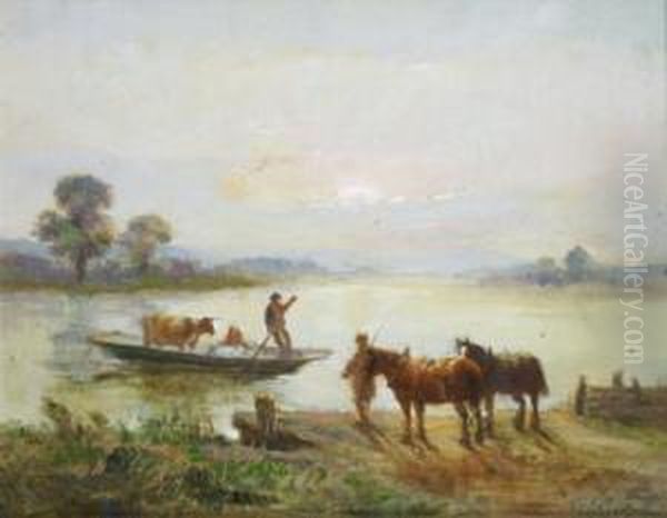 Evening By The River; Waiting For The Ferry Oil Painting by Henry Earp