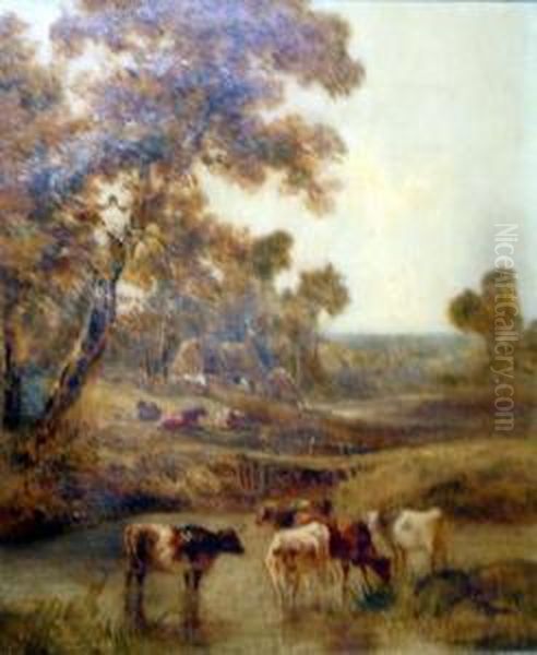 L On Canvas Cattle Watering In A Landscape Signed 12 X 10in Oil Painting by Henry Earp