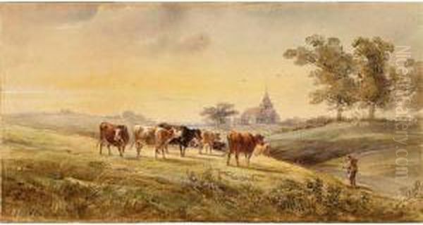 Cattle Watering By A Wooded Riverbank; Cattle Grazing With A Church Beyond Oil Painting by Henry Earp