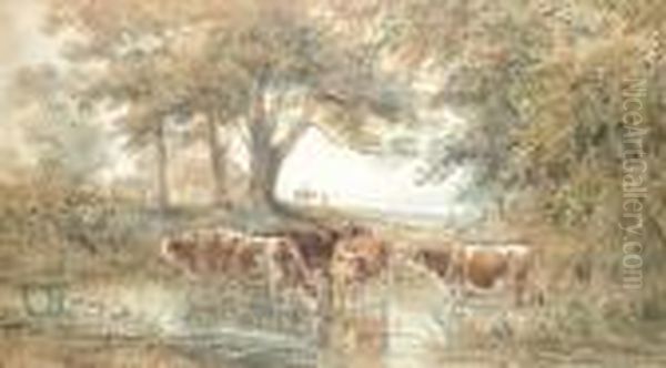 Cattle Watering In A Woodland Pool Oil Painting by Henry Earp