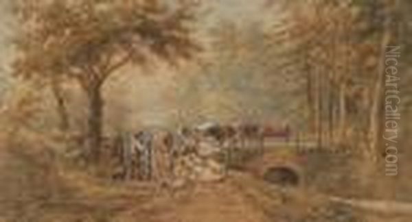 Farmer And Cattle With Sheep And Dog By Gate Oil Painting by Henry Earp