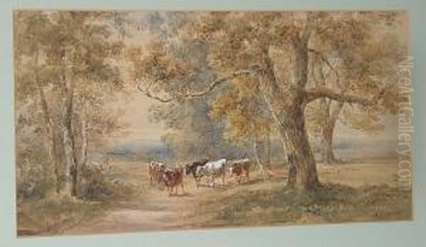 Drover And Cattle On A Lane; Travellers Resting Oil Painting by Henry Earp