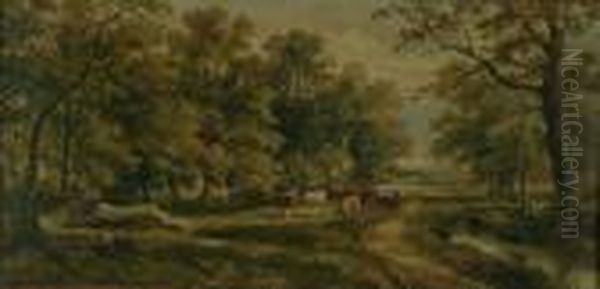 Cattle On A Wooded Country Lane Oil Painting by Henry Earp