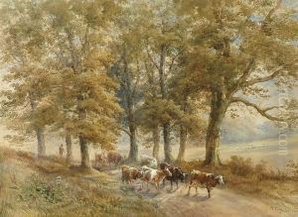 Droving Cattle Down A Rural Lane Oil Painting by Henry Earp