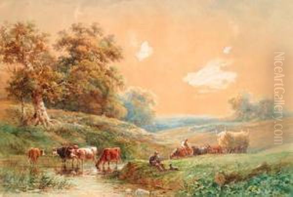 Figures With A Horse And Cart And Cattle Watering By A Stream Oil Painting by Henry Earp