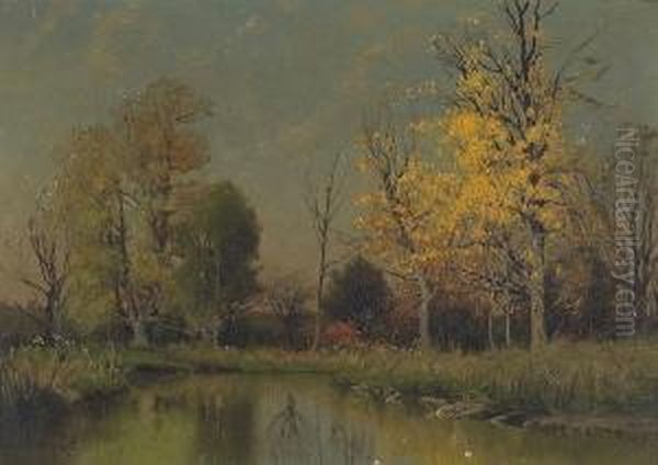 Autumn Trees By A Pond Oil Painting by Charles Harry Eaton