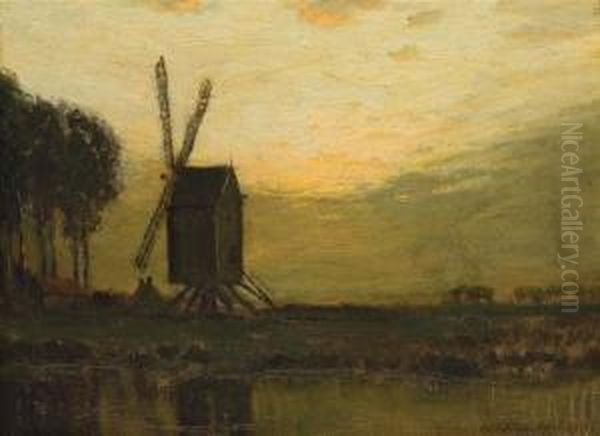 Windmill In Belgium Oil Painting by Charles Warren Eaton