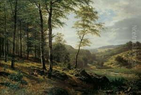 Bewaldete Mittelgebirgslandschaft (vogelsberg) Mit Beerensammelnden Kindern. Oil Painting by Fritz Ebel