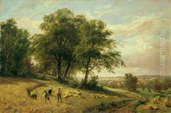 Spatsomemrlandschaft In 
Oberhessen. Signiert Und Datiert Unten Rechts: F. Ebel 1880. Ol Auf 
Leinwand. H 63; B 95 Cm. Oil Painting by Fritz Ebel