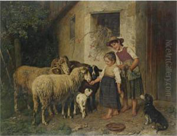 Bei Den Schafen (feeding The Sheep) Oil Painting by Adolf Eberle