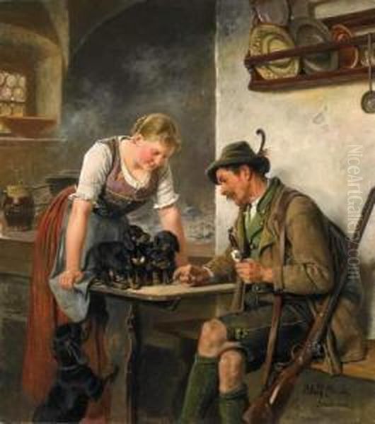 The Maid Presents Her Puppies Oil Painting by Adolf Eberle