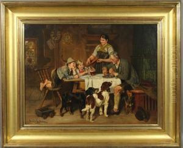 Outstanding Interior Scene With Family,children, Three Dogs Oil Painting by Adolf Eberle