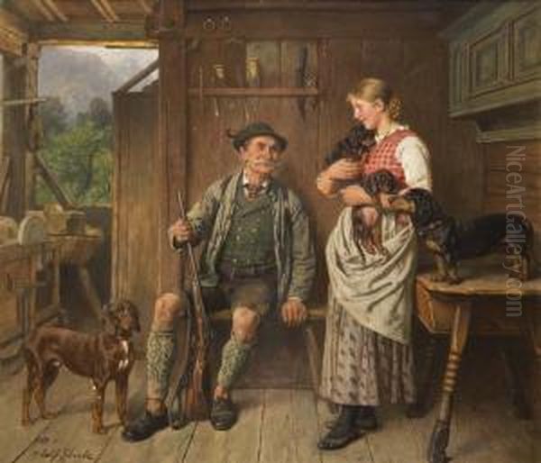 Dirndl, Jager Und Dackelfamilie Im Interieur Oil Painting by Adolf Eberle