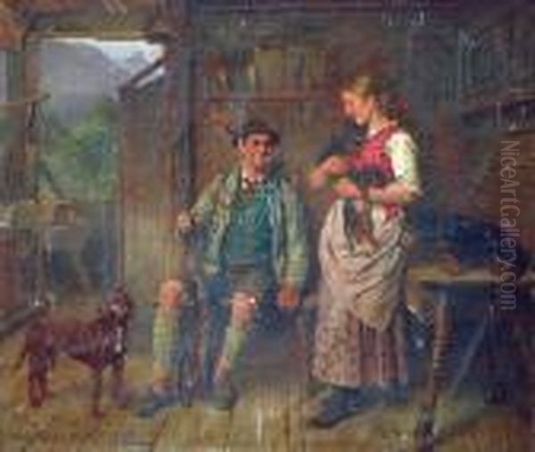 Jamniki - Scena Rodzajowa We Wnetrzu Oil Painting by Adolf Eberle