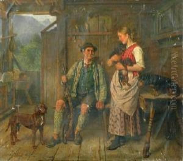 Jamniki - Scena Rodzajowa We Wnetrzu Oil Painting by Adolf Eberle