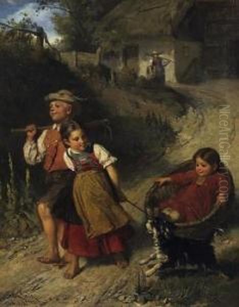 Playing Farmers' Children On 
Their Way Into The Fields. Signed And Dated Lower Left: Adolf Eberle 
Munchen 1871 Oil Painting by Adolf Eberle