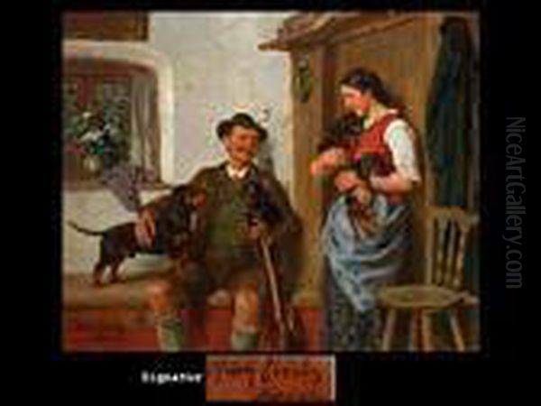 Die Dackelfamilie Mit Jager Und Magd Oil Painting by Adolf Eberle