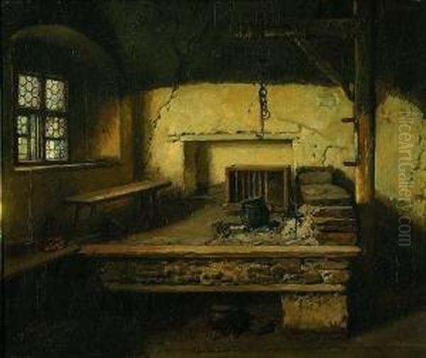 Feuerstelle In Einer Bauernkuche. Oil Painting by Adolf Eberle