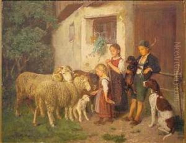 Feeding The Lamb Oil Painting by Adolf Eberle