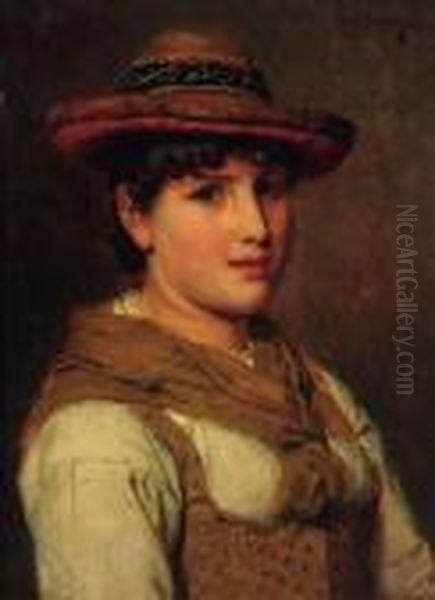 A Portrait Of A Young Lady, Half-length, Wearing A Hat Oil Painting by Adolf Eberle