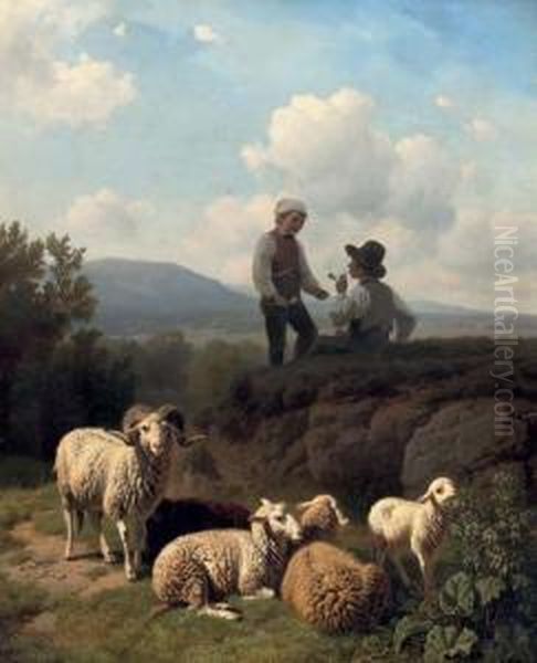 Young Shepherds With Their Flock Oil Painting by Robert Eberle