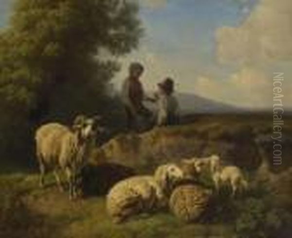 Zwei Rauchende Hirtenknaben Mit
 Schafen. Oil Painting by Robert Eberle