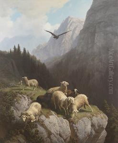 Sheep Grazing On A Mountainside Oil Painting by Robert Eberle