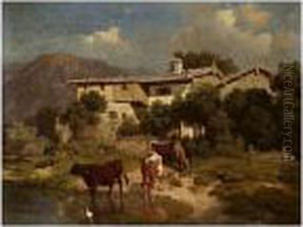 Farmhouse With Cows Oil Painting by Robert Eberle