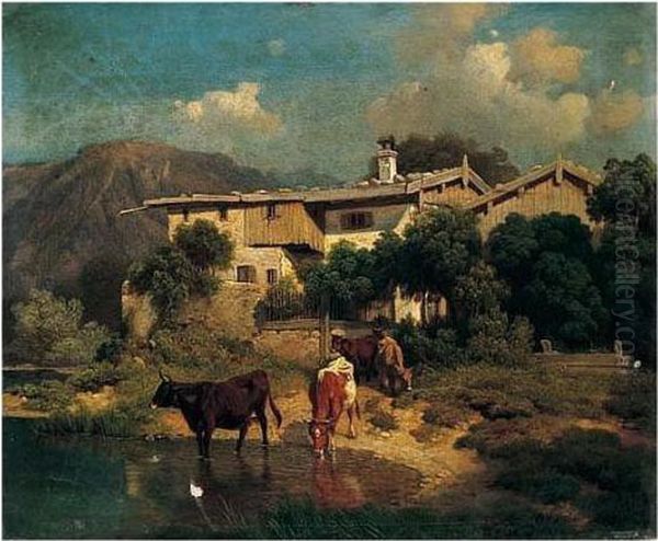 Bauernhaus Mit Kuhen (farmhouse With Cows) Oil Painting by Robert Eberle