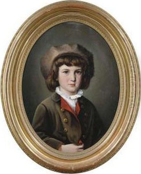 Portrait Of A Young Boy With A Fur Cap. Oil Painting by Anton Ebert