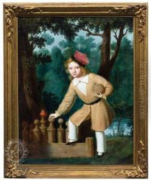 Young Boy Playingskittles At Lakeshore Oil Painting by Anton Ebert