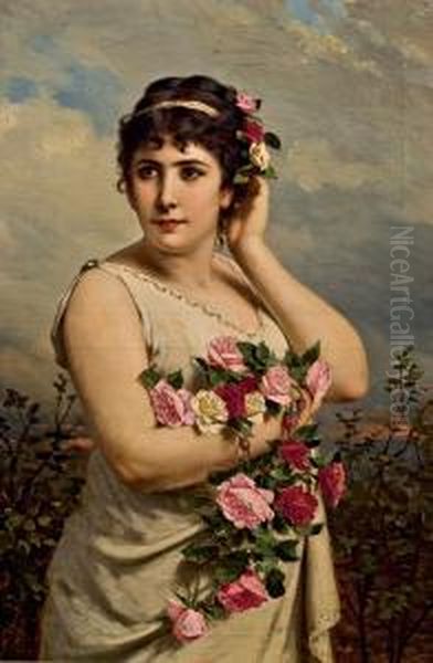 Portrat Einer Dame Mit Rosen Oil Painting by Anton Ebert