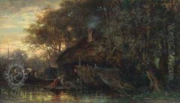 Fishing Hut Atlakeshore At Sunset Oil Painting by Carl Ebert