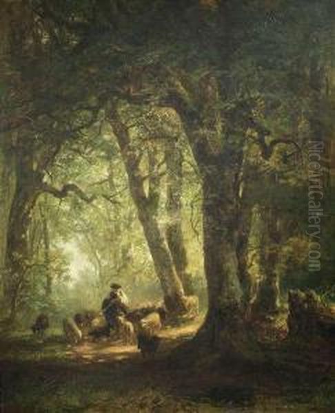 Woods Inside With Aherdsman And His Flock. Oil Painting by Carl Ebert