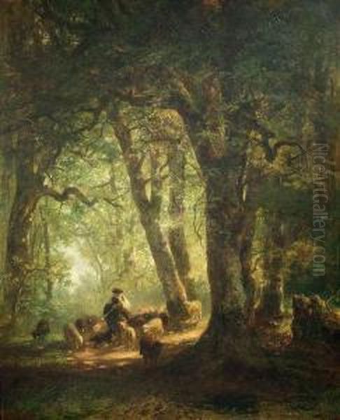 Woods Inside With Aherdsman And His Flock Oil Painting by Carl Ebert