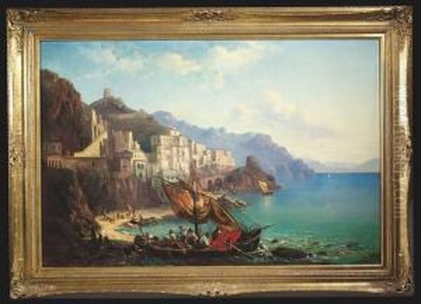 Amalfi At Early Morning With Fishermen Unloading Their Boats Oil Painting by Carl Ebert