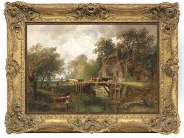 River Landscape With A Mill And A Drove Oil Painting by Carl Ebert