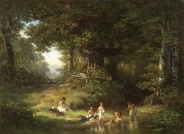 Waldlandschaft Mit Badenden Kindern. Oil Painting by Carl Ebert