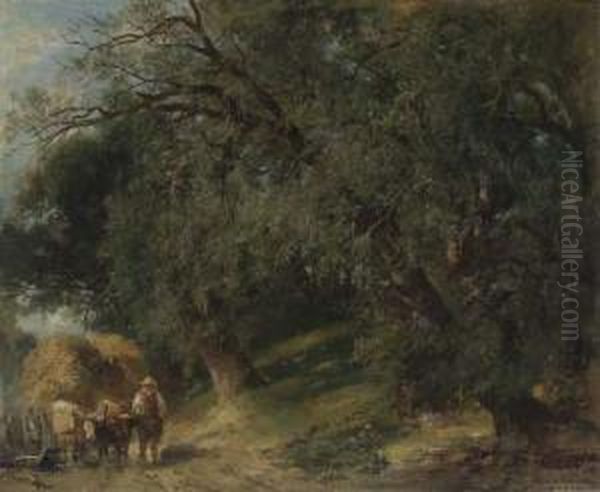 Bauer Mit Heufuhrwerk Am Waldrand Oil Painting by Carl Ebert