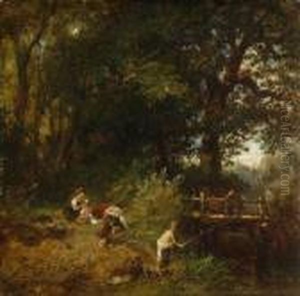 Waldlandschaft Mit Kindern Beim
 Angeln. Oil Painting by Carl Ebert