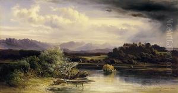 Riverside Landscape With A Castle Oil Painting by Carl Ebert