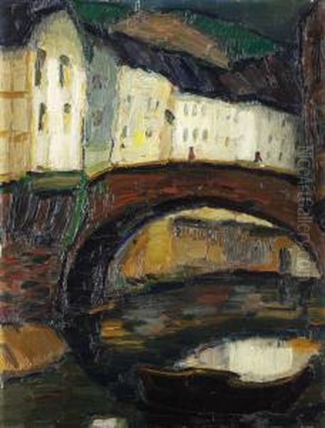 Hauser Mit Brucke Oil Painting by Josef Eberz