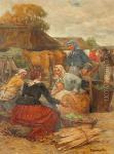 Women At A Market Oil Painting by Lajos Deak Ebner