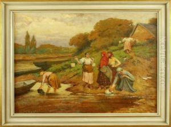 Ungarische Landfrauen Am Flus Beim Wasser Schopfen Oil Painting by Lajos Deak Ebner