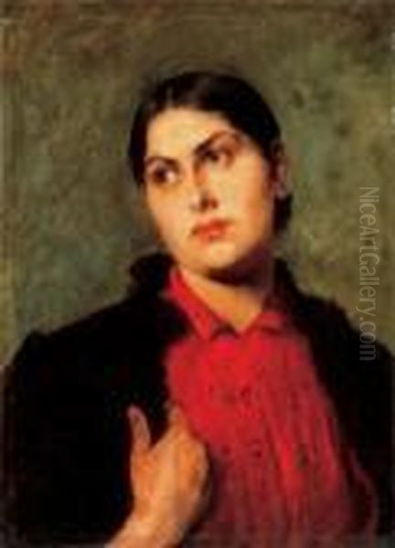 Girl In Red Blouse Oil Painting by Lajos Deak Ebner