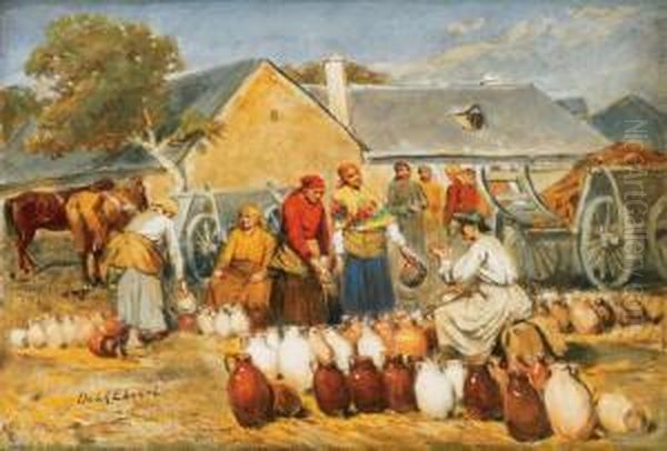 Market In Szolnok Oil Painting by Lajos Deak Ebner