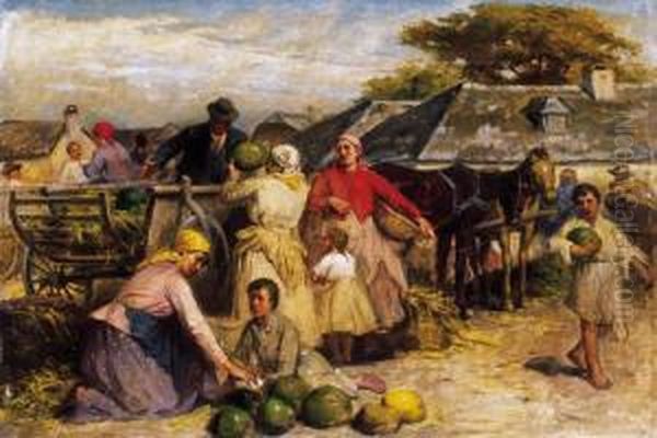 Market In Szolnok Oil Painting by Lajos Deak Ebner