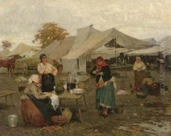 A Hungarian Country Market Oil Painting by Lajos Deak Ebner