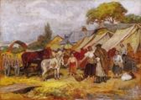 Szolnok Fair - Bargain To The Donkey Oil Painting by Lajos Deak Ebner