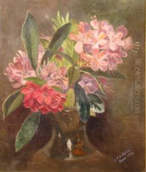 A Still Life Of Magenta Rhododendrons In A Vase by Kerr Eby